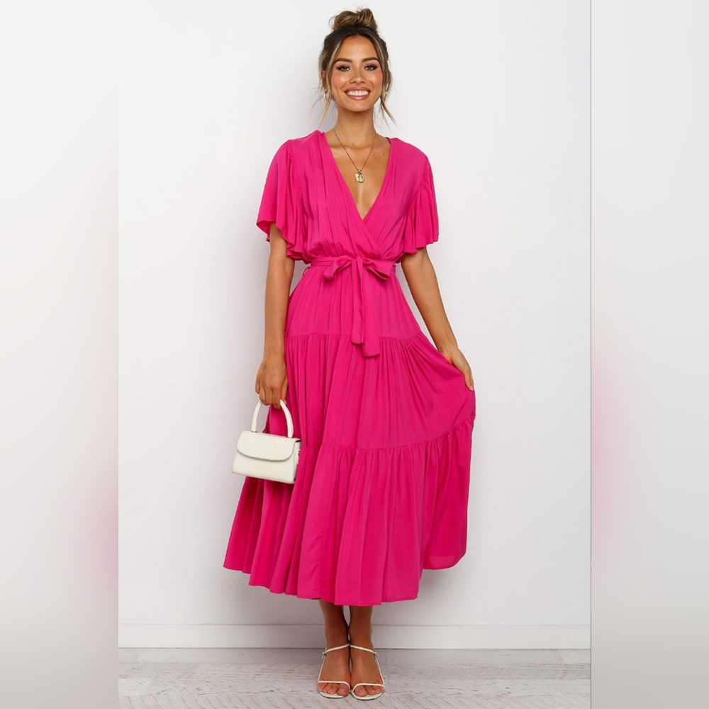NWT - Boutique - Tied Tiered Short Sleeve Hot Pink Midi Dress -Size L
